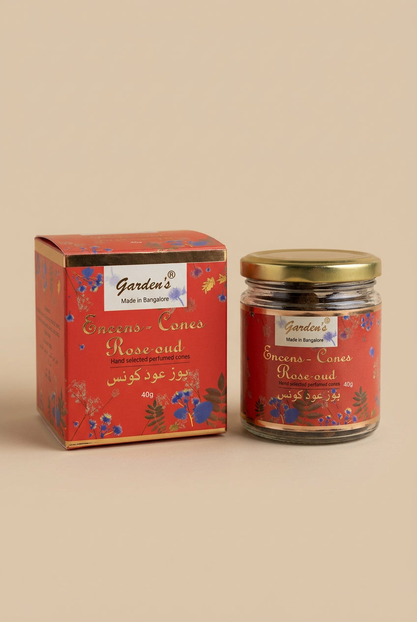 Rose Oud Encens en cônes – Garden’s – Pot de 40 g avec support en métal