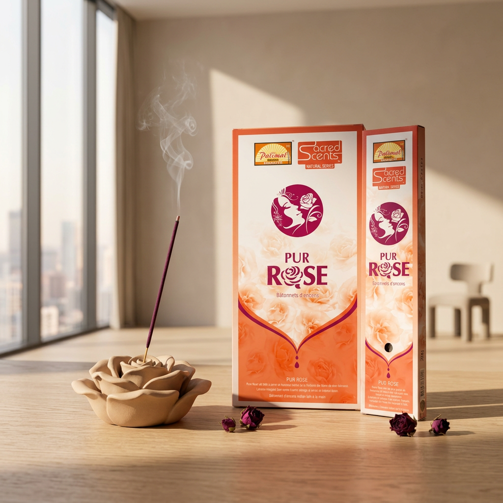 Pur Rose Sacred Scents – boîte et paquet en ambiance boisée lumineuse