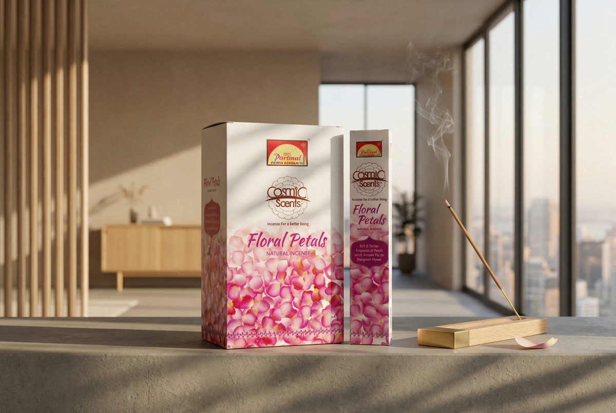 Encens Floral Petals Cosmic Scents par Parimal, coffret et paquet sur une étagère en bois